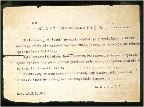 Polish document warning Jewish survivors to leave Radom